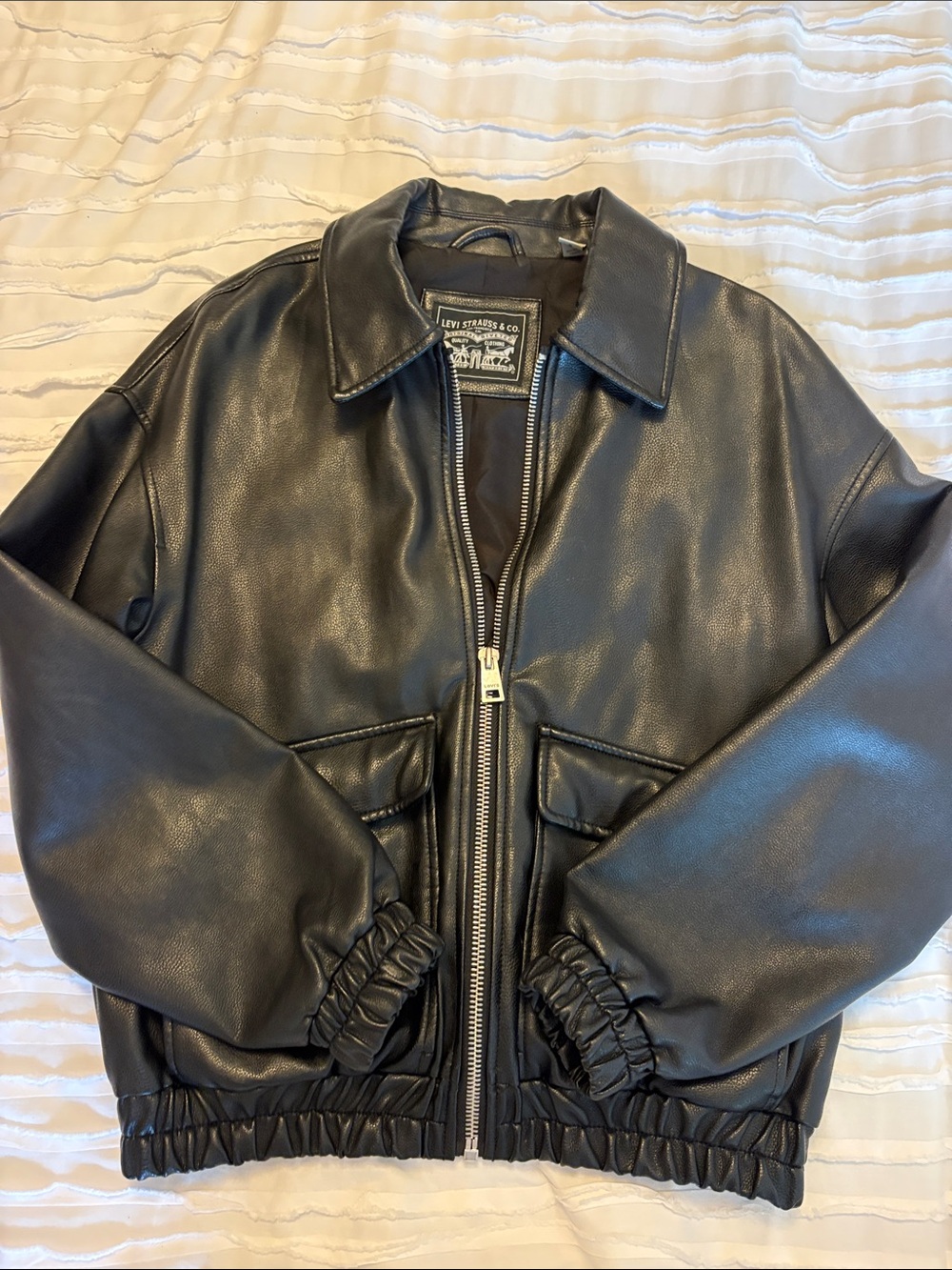 Black Faux Leather Bomber Zip-Front Jacket